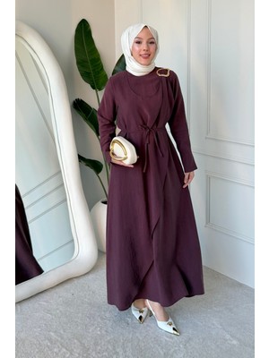 Tesettür Diyarı Goldest Cupra Tansel Tokalı Tesettür Elbise- Mürdüm