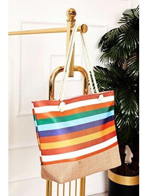 Desenli Hasır Detaylı Plaj Çantası -129