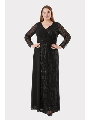 Lilas Xxl Kadın Büyük Beden Taş ve Payet Işlemeli Tül Kumaş Uzun Abiye Elbise 2518 Siyah