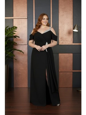 Lilas Xxl Kadın Büyük Beden Taş Askılı Şifon Kumaş Uzun Abiye Elbise 3329 Siyah