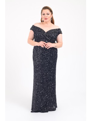 Lilas Xxl Kadın Büyük Beden Madonna Yaka Full Taş ve Payetli Uzun Abiye Elbise 2439 Siyah