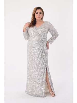 Lilas Xxl Kadın Büyük Beden Pul Payetli V Yaka Uzun Abiye Elbise 2479 Gümüş