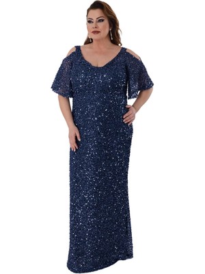 Lilas Xxl Kadın Büyük Beden Full Pul Payet Işlemeli Yarım Kol Maxi Boy Abiye Elbise 2530 Lacivert