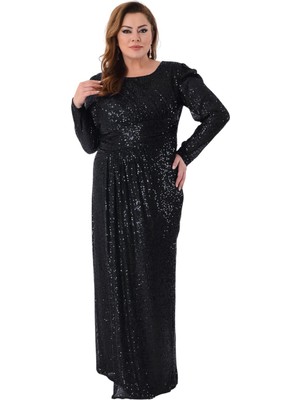 Lilas Xxl Kadın Büyük Beden Full Pul Payet Işlemeli Uzun Abiye Elbise 2482 Siyah