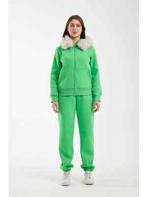Afri Kadın Yeşil Kapüşonu Kürklü (Çıkarılabilir) Fermuarlı Sweatshirt ve Eşofman Altı Takım
