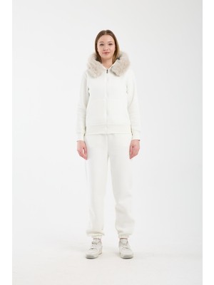 Afri Kadın Ekru Kapüşonu Kürklü (Çıkarılabilir) Fermuarlı Sweatshirt ve Eşofman Altı Takım Uzun Kol
