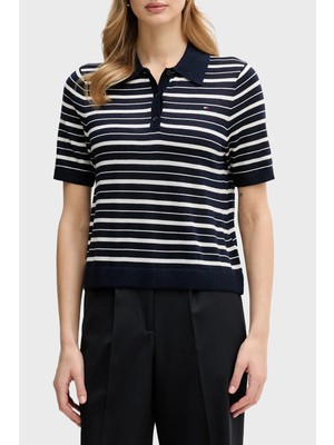 Tommy Hilfiger Yün ve Ipek Karışımlı Çizgili Düğmeli Polo Yaka Kazak Bayan Kazak WW0WW48450 0A6