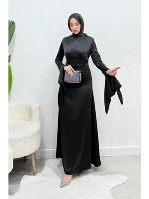 Tesettür Diyarı Fahar Beli ve Bilekleri Taşlı Korseli Saten Tesettür Abiye- Siyah