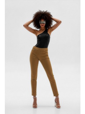 Markapia Kadın Kahverengi Likralı Esnek Tayt Jean Pantolon