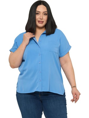 Disentis Modest Büyük Beden Tek Cepli Kısa Duble Kollu Indigo Gömlek