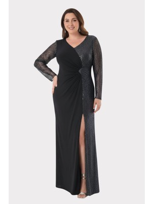 Lilas Xxl Kadın Büyük Beden V Yaka Taş Detaylı Uzun Abiye Elbise 2559 Siyah