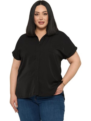 Disentis Modest Büyük Beden Tek Cepli Kısa Duble Kollu Siyah Gömlek