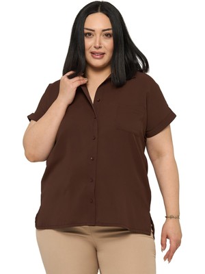 Disentis Modest Büyük Beden Tek Cepli Kısa Duble Kollu Kahverengi Gömlek