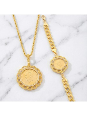 Ferizz Tam Altın Çerçeve Kolye ve Çeyrek Altın Çerçeve Bileklik Kombin BND-106