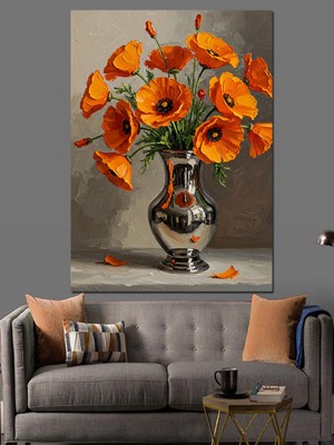 Karizma Tablo Turuncu Çiçekli Vazo Resmi Dekoratif Kanvas - Mdf Ahşap Tablo