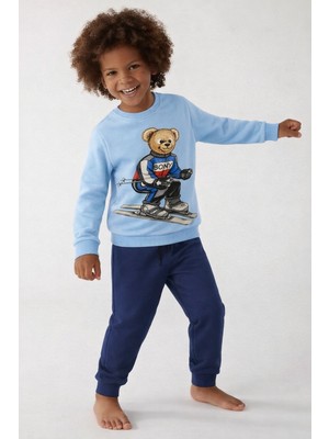 Çocuk Snowboard Teddy Desenli Eşofman Takımı Mavi