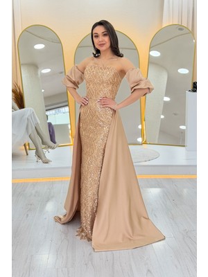 Zks Grup Tekstil-Kadın Saten Kuyruklu Çıkarılabilir Kol Detaylı Abiye Elbise Siyah, Lila, Lacivert, Gold