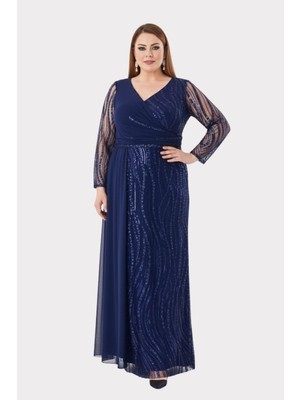 Lilas Xxl Kadın Büyük Beden Taş ve Payet Işlemeli Tül Kumaş Uzun Abiye Elbise 2518 Lacivert