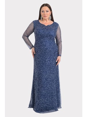 Lilas Xxl Kadın Büyük Beden Kalp Yaka Uzun Kollu Abiye Elbise 9471 Lacivert