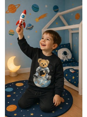 Çocuk Astronot Teddy Desenli Eşofman Takımı Siyah