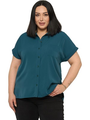 Disentis Modest Büyük Beden Tek Cepli Kısa Duble Kollu Petrol Yeşili Gömlek