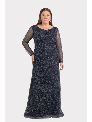 Lilas Xxl Kadın Büyük Beden Kalp Yaka Uzun Kollu Abiye Elbise 9471 Siyah