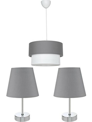 Evlight 3'lü Set Avize ve Komodin Üstü Krom Abajur / Antrasit