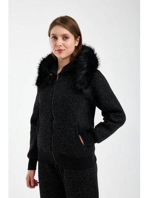 Afri Kadın Kırçıllı Siyah Kapüşonu Kürklü (Çıkarılabilir) Fermuarlı Sweatshirt ve Eşofman Altı Takım