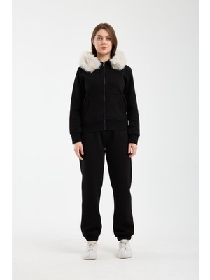 Afri Kadın Siyah Kapüşonu Kürklü (Çıkarılabilir) Fermuarlı Sweatshirt ve Eşofman Altı Takım