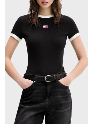 Tommy Jeans Pamuklu Slim Fit Logolu Bisiklet Yaka T Shirt Bayan T Shirt DW0DW22575 Bds