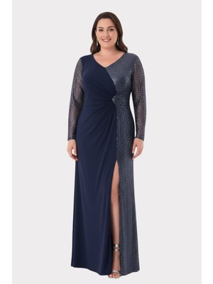 Lilas Xxl Kadın Büyük Beden V Yaka Taş Detaylı Uzun Abiye Elbise 2559 Lacivert