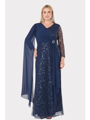 Lilas Xxl Kadın Büyük Beden V Yaka Pelerin Detaylı Pul Işlemeli Uzun Abiye Elbise 2521 Lacivert