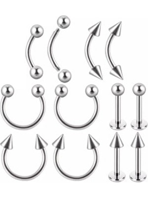 Jaida Moda Gümüş Renk Cerrahi Çelik Piercing 12'li Set Parlak Yüzeyli Tasarım