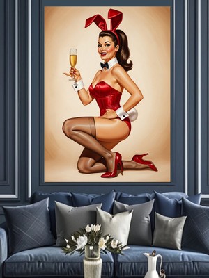 Karizma Tablo Tavşan Kulaklı Seksi Pin-Up Dekoratif Kanvas - Mdf Ahşap Tablo