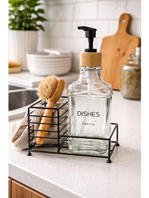 Makri Home Metal Stantlı Bambu Kapaklı Cam Sıvı Sabunluk/deterjanlık, 500 Ml, 15 × 8,5 × 23 cm