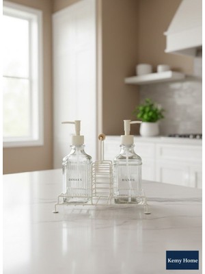 Kemy Home 2’li Cam Sabunluk Seti – Dishes & Hands Yazılı, Metal Standlı