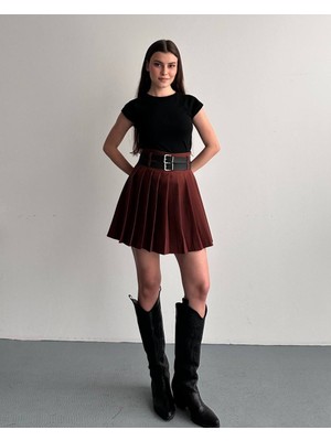 My Lunessa Çift Kemerli Içi Şort Astarlı Kahverengi Mini Etek