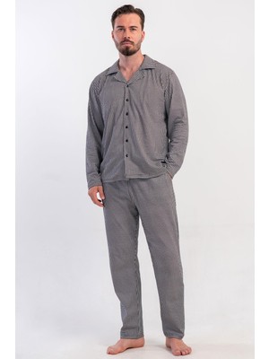 Vienetta Erkek Önden Düğmeli Uzun Kol Siyah %100 Pamuk Pijama Takımı C1T6N0405
