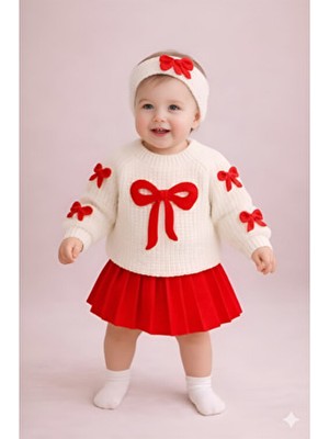 Mihrumay Kız Bebek ve Çocuk Fiyonklu Etekli Kazaklı Saç Bantlı 3'lü Takım