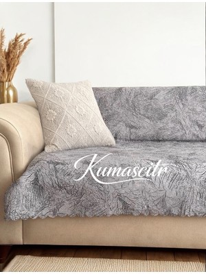 Kumaşçıtr Kaymaz Tabanlı Lüks Kadife Koltuk Kanepe Çekyat Örtüsü - Konforlu Gri Damar Desenli
