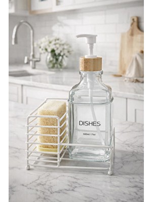 Makri Home Metal Stantlı Bambu Kapaklı Beyaz Cam Sıvı Sabunluk 500 Ml Modern Tasarım