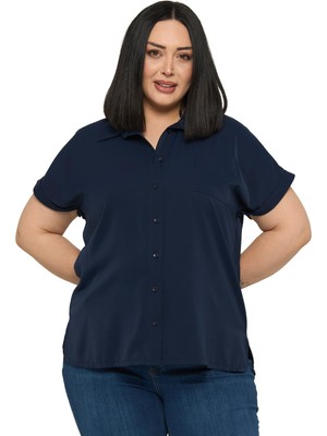 Disentis Modest Büyük Beden Tek Cepli Kısa Duble Kollu Lacivert Gömlek