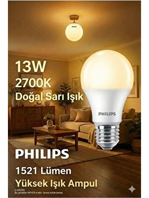 Philips 13W E27 Duy LED Ampul - 1521 Lümen - 2700K Doğal Sarı Işık - Sıcak ve Tasarruflu Aydınlatma