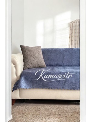 Kumaşçıtr Kaymaz Tabanlı Lüks Kadife Koltuk Kanepe Çekyat Örtüsü - Konforlu İndigo Damar Desenli