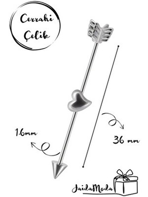 Jaida Moda Gri Ok Kalp Figürlü 316L Cerrahi Çelik Piercing Parlak Kadın Aksesuarı