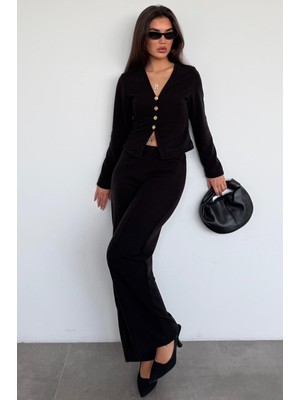 Madmext Siyah Düğmeli Yumuşak Dokunuşlu Ikili Hırka Pantolon Takım MG2651