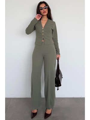 Madmext Haki Düğmeli Yumuşak Dokunuşlu Ikili Hırka Pantolon Takım MG2651