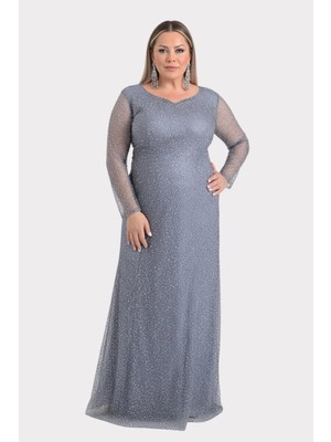 Lilas Xxl Kadın Büyük Beden Kalp Yaka Uzun Kollu Abiye Elbise 9471 Gri