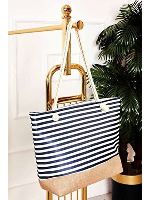 Desenli Hasır Detaylı Plaj Çantası -130