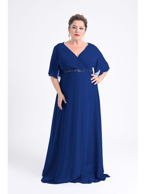 Lilas Xxl Kadın Büyük Beden Uzun Şifon Abiye Elbise 9510 Lacivert